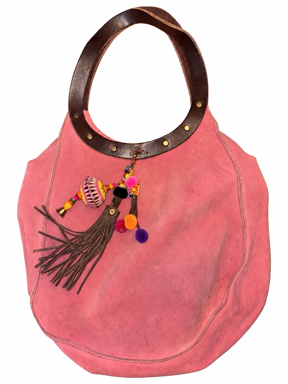 Pink Suede Hobo Bag with Brown Leather Handle